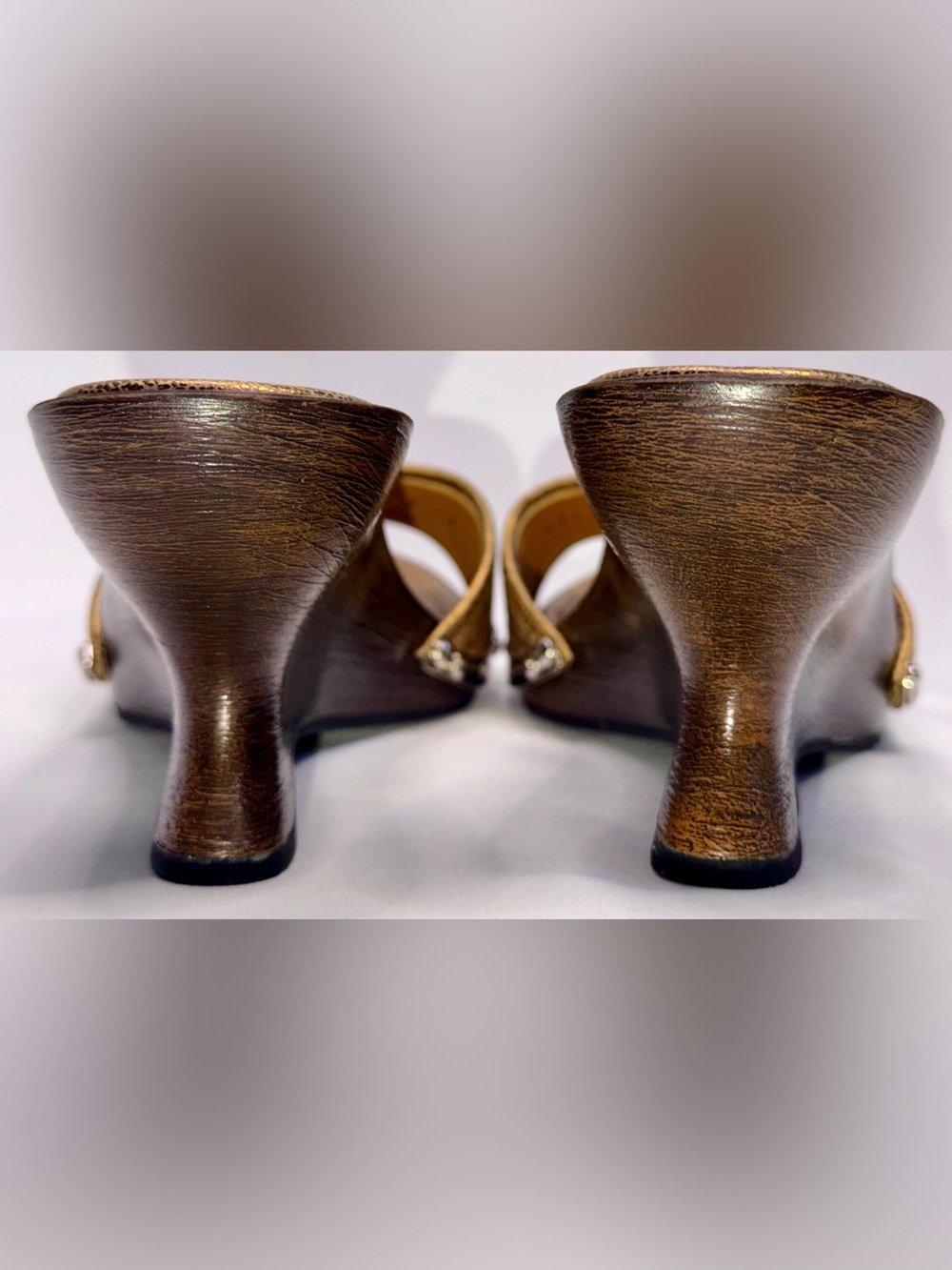 Salvatore Ferragamo Vintage metallic Bronze Leather Wedge Slide Mules w logo 8C - Picture 9 of 15
